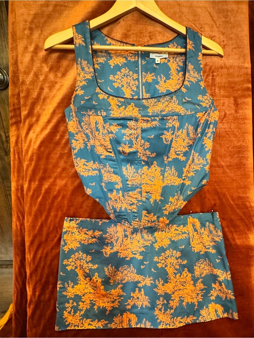 Miaou Campbell Toile Corset & Micro Mini Skirt Set in deep Teal/Orange- Size M